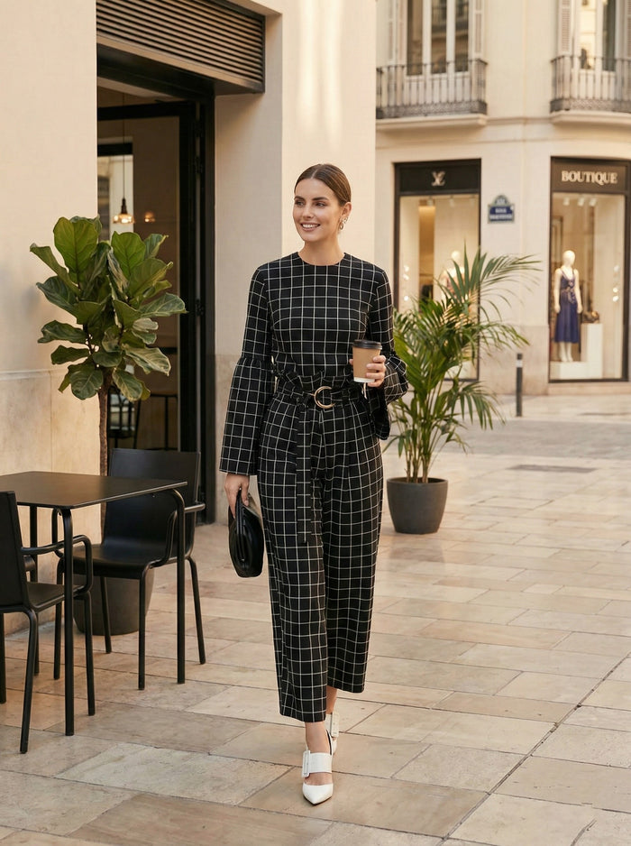 Elasticated Waist High Waisted Belted Contrast Color Split-Joint Pants