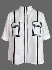 A-line Half Sleeves Buttoned Contrast Color Pockets Mock Neck Blouses&shirts Tops