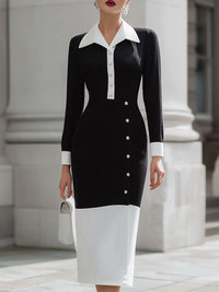 Buttoned Contrast Color Split-front Split-Joint High Waisted Long Sleeves Lapel Midi Dresses