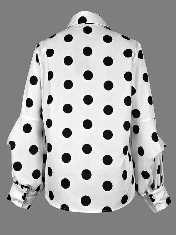 Buttoned Polka-Dot Split-Joint Long Sleeves Loose Lapel Blouses&shirts Tops
