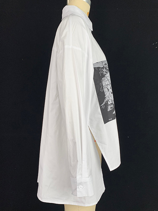 A-Line High-Low Buttoned Pockets Printed Split-Side Stand Collar Blouses&Shirts Tops