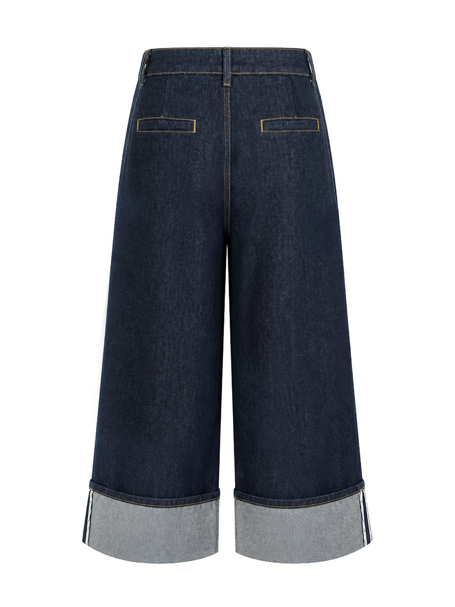 Pleated Pockets Loose Wide Leg Jean Pants Bottoms