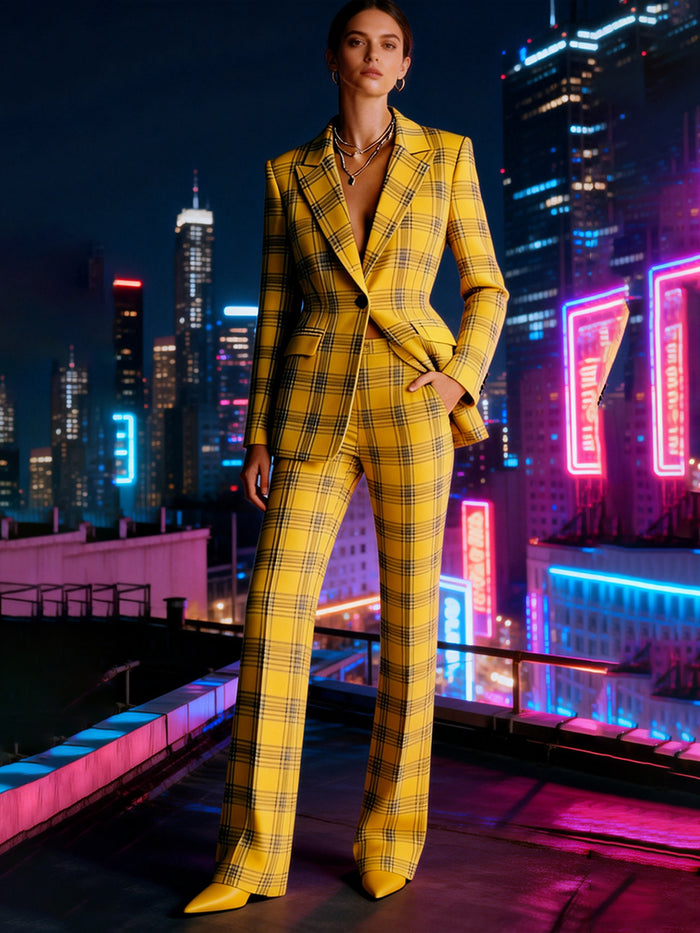 Column Loose Contrast Color Plaid Split-Joint Blazer Pants