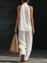 Loose Solid Color V-Neck Sleeveless Vest Top + Pockets Pants Trousers Two Pieces Set