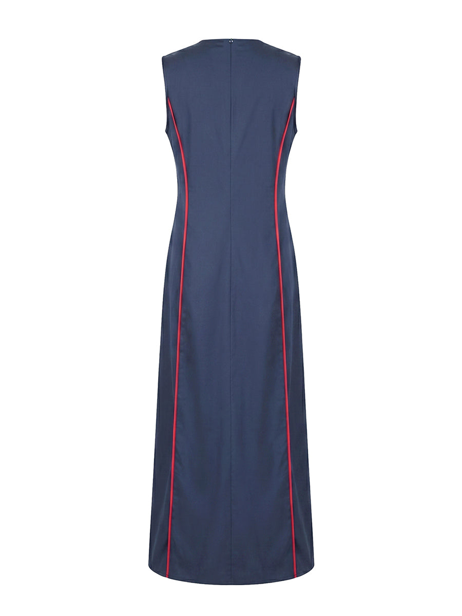A-Line Loose Contrast Color Pockets Split-Joint Round-Neck Maxi Dresses