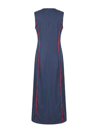 A-Line Loose Contrast Color Pockets Split-Joint Round-Neck Maxi Dresses