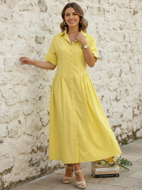 Loose Short Sleeves Buttoned Pleated Solid Color Lapel Collar Midi Dresses Shirt Dress