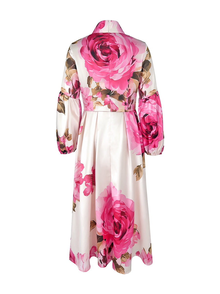 Elasticity Flower Print Pleated A-Line Long Sleeves Mock Neck Maxi Dresses
