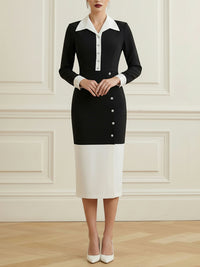 Buttoned Contrast Color Split-front Split-Joint High Waisted Long Sleeves Lapel Midi Dresses