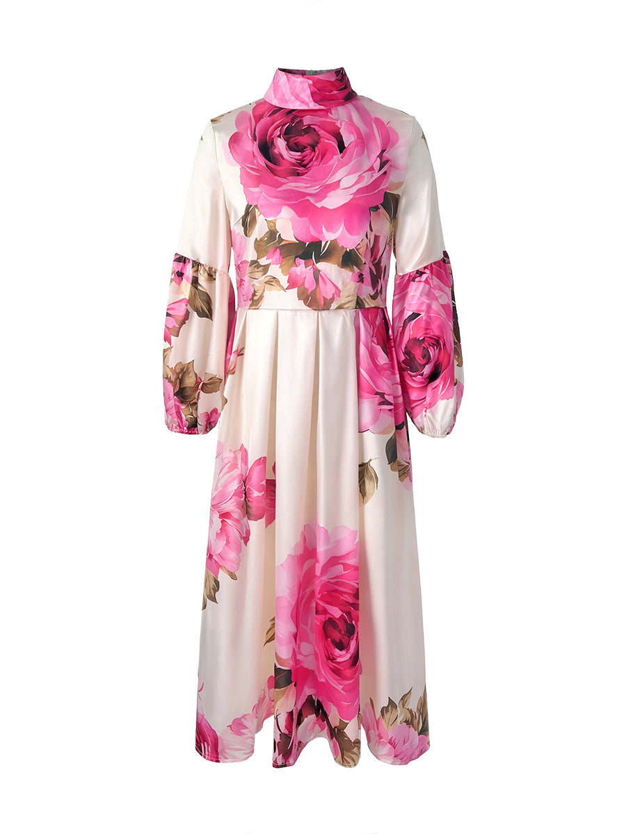 Elasticity Flower Print Pleated A-Line Long Sleeves Mock Neck Maxi Dresses