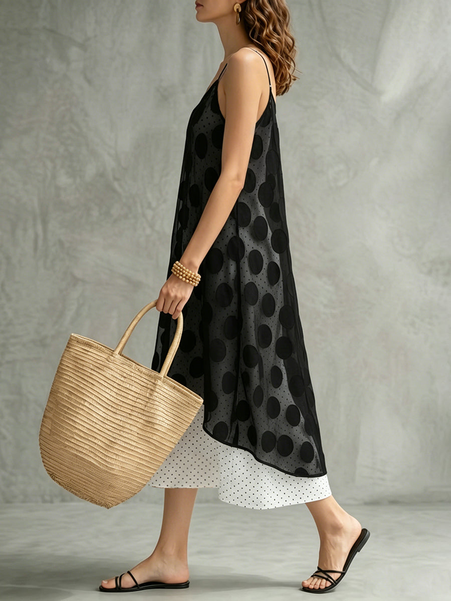 False Two Sleeveless Contrast Color Polka Dot See-Through Spaghetti-Neck Midi Dresses Slip Dress