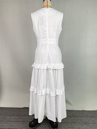 A-Line High Waisted Buttoned Pleated Pockets Solid Color Split-Joint V-Neck Maxi Dresses