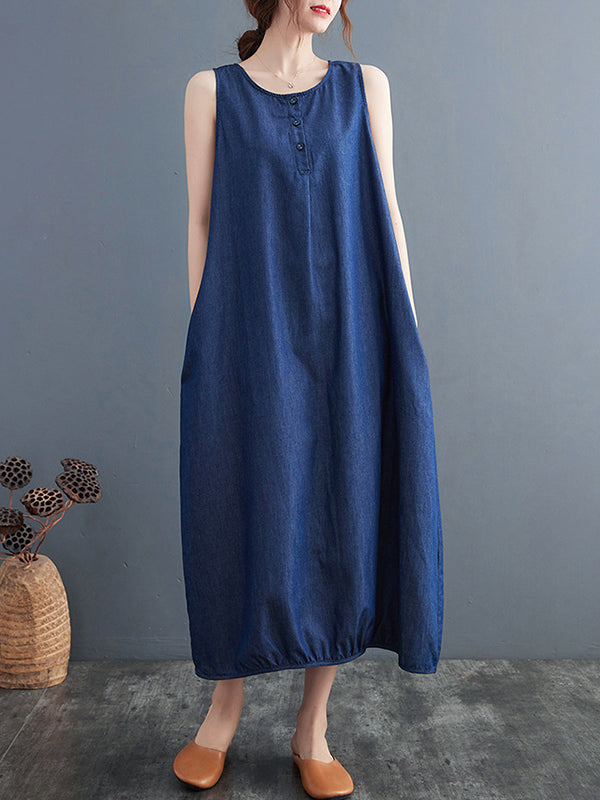 A-Line Loose Buttoned Pleated Solid Color Round-Neck Midi Dresses
