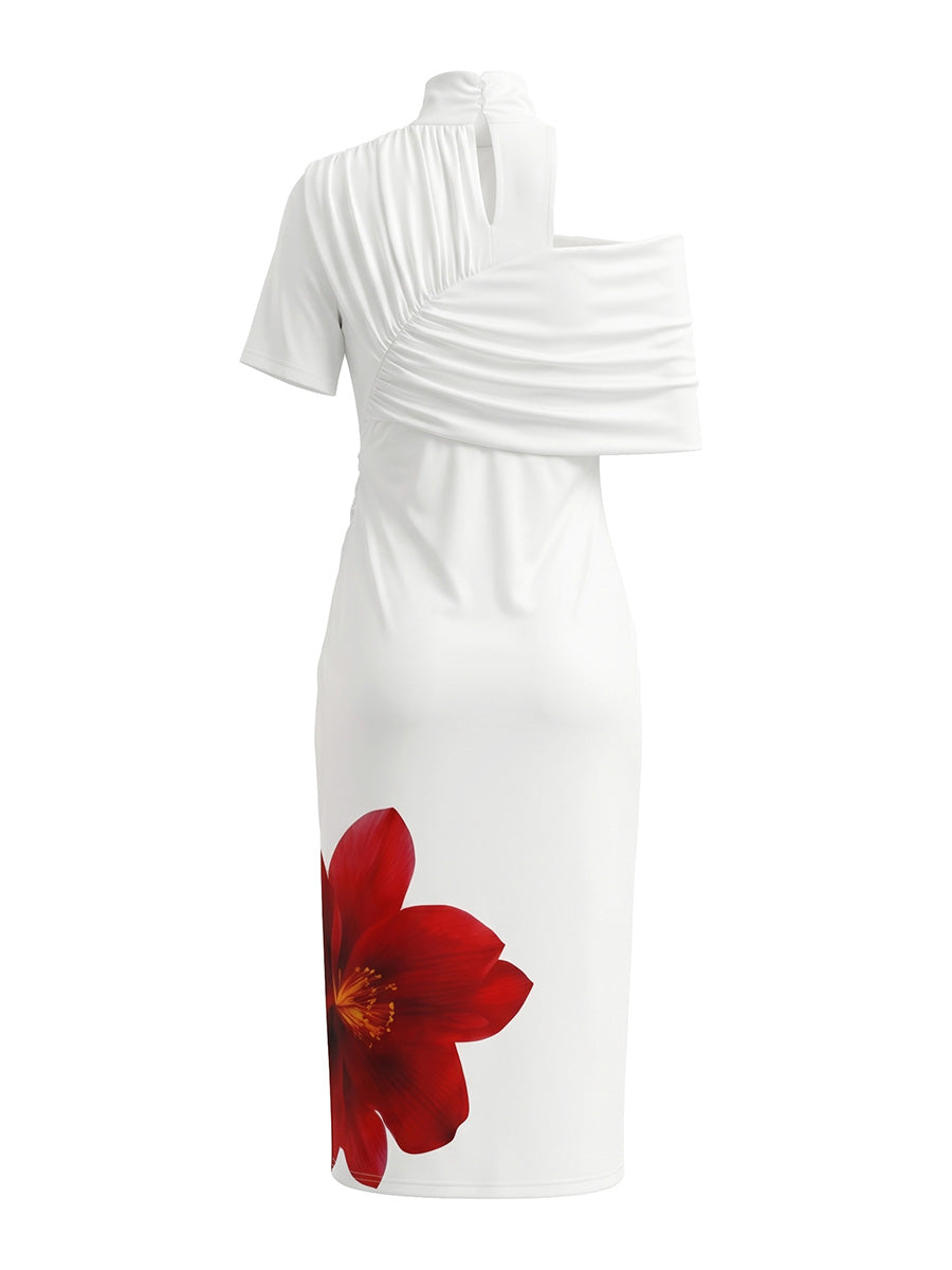 Flower Print Pleated Split-Front Bodycon Short Sleeves High Neck Midi Dresses