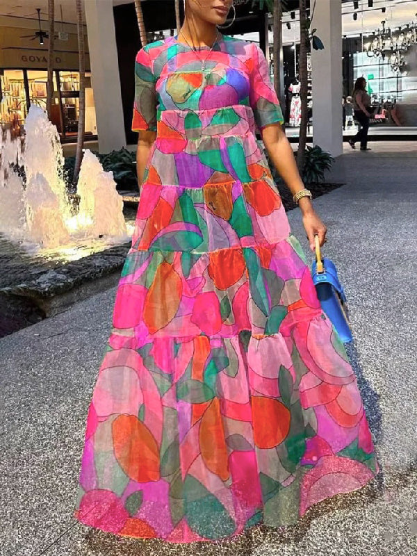 Contrast Color Printed Loose Short Sleeves Round-Neck Maxi Dresses