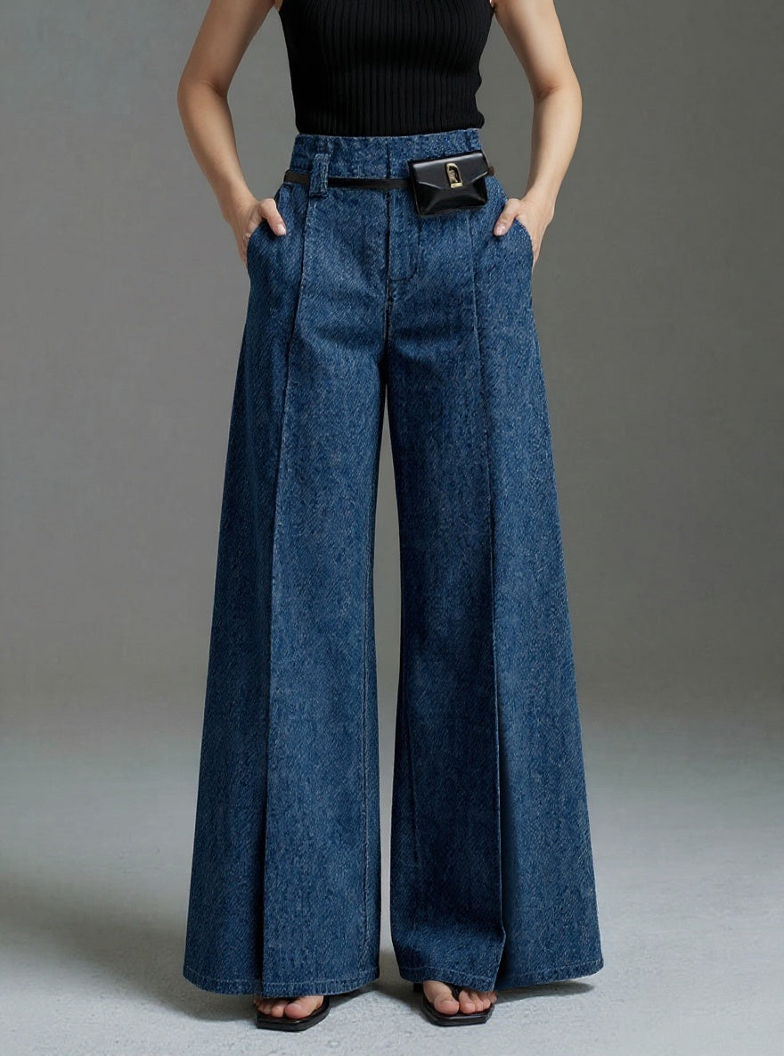 Wide Leg No Belt Solid Color Split-Front Jean Pants Bottoms Trousers