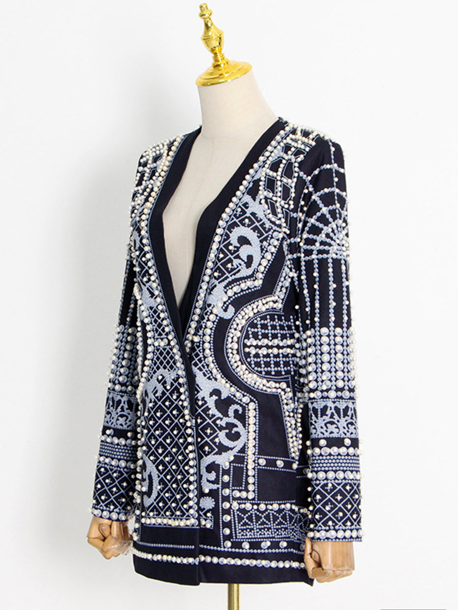 Original Creation Loose Long Sleeves Beads Printed V-Neck Blazer Outerwear