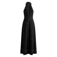 A-Line High Waisted Pleated Pockets Solid Color Zipper Stand Collar Maxi Dresses