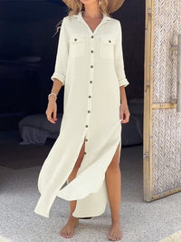 Long Sleeves Loose Buttoned Pockets Split-Side Lapel Maxi Dresses Shirt Dress