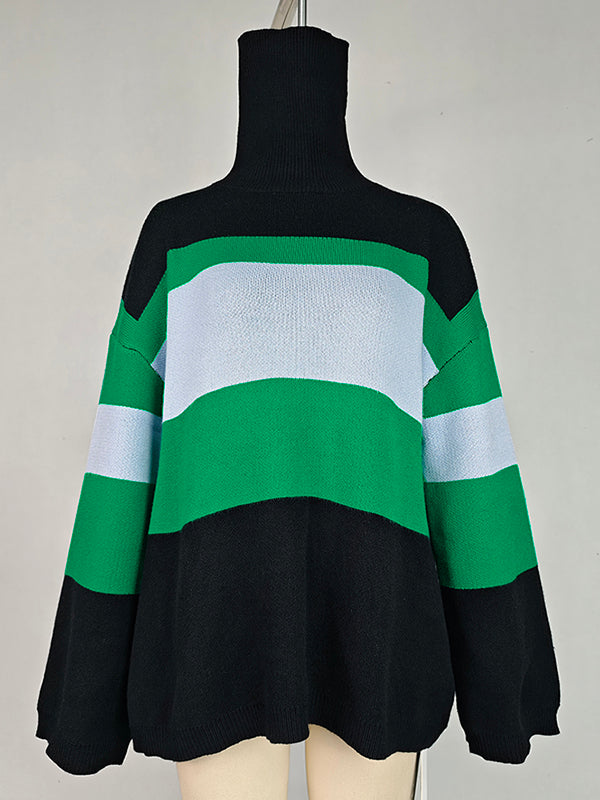 Contrast Color Split-Joint Flared Sleeves High-Low High Neck Sweater Tops Pullovers