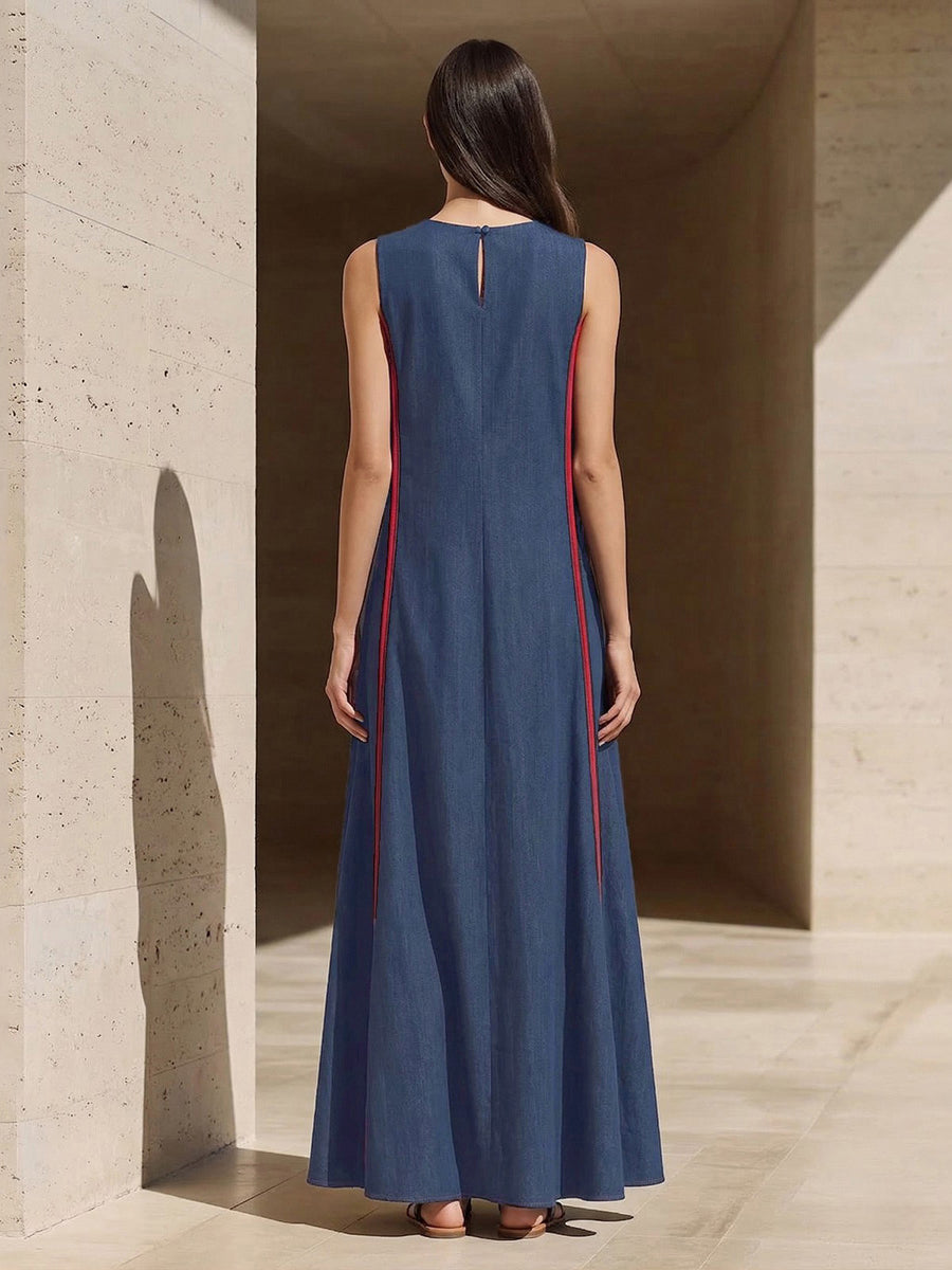 A-Line Loose Contrast Color Pockets Split-Joint Round-Neck Maxi Dresses
