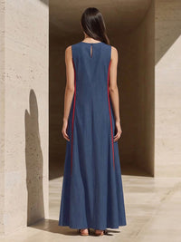 A-Line Loose Contrast Color Pockets Split-Joint Round-Neck Maxi Dresses