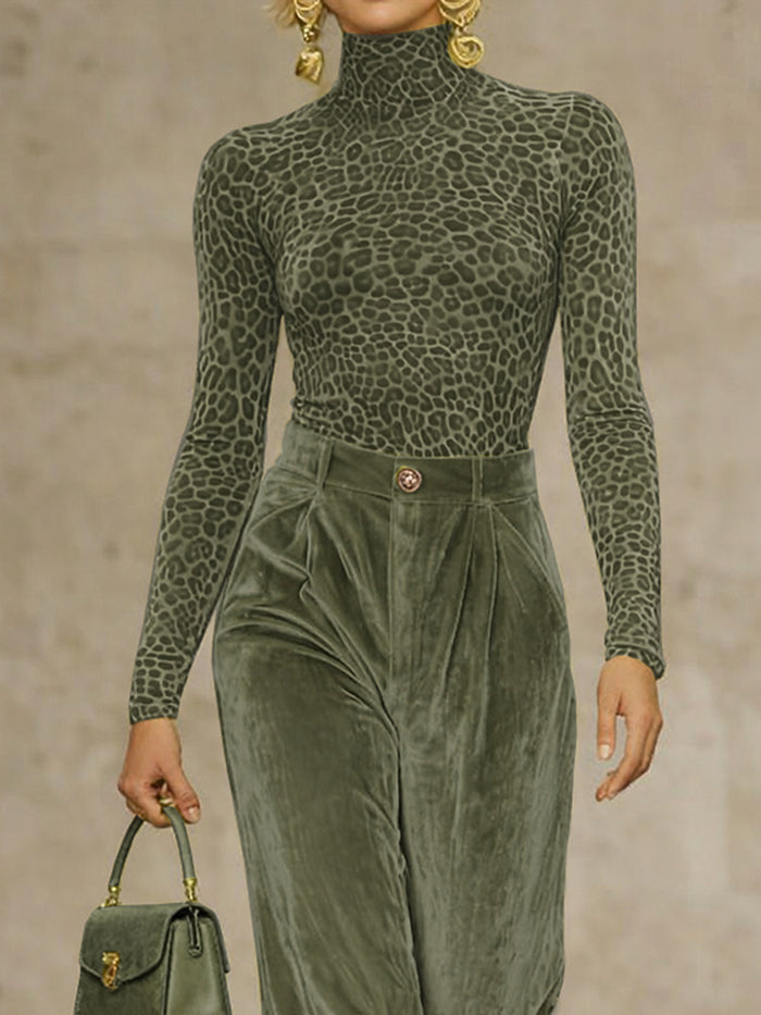 Long Sleeves Skinny Leopard High Neck T-Shirts Tops