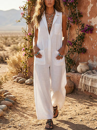 Loose Sleeveless Solid Color Split-Joint Round-Neck Jumpsuits