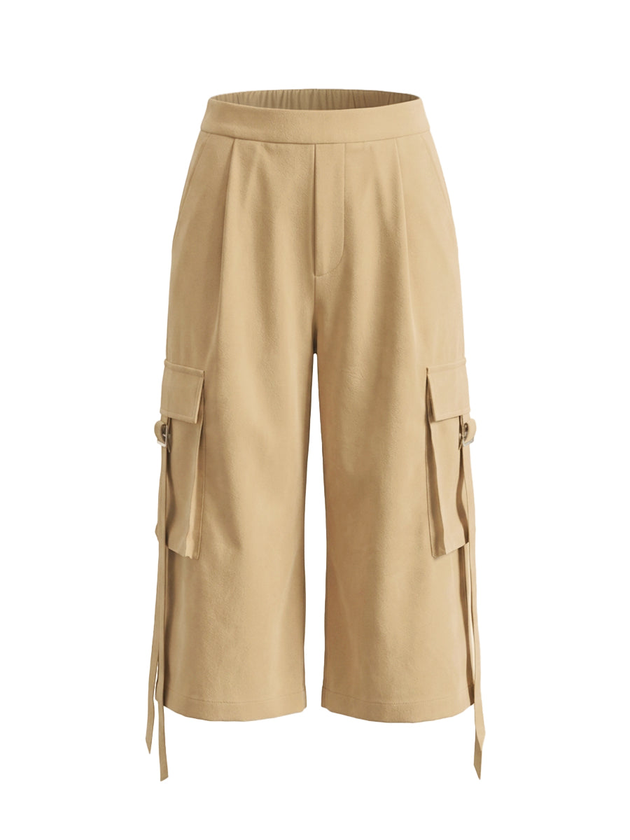 Pleated Pockets Solid Color Split-Joint Streamer High Waisted Wide Leg Cropped Trousers