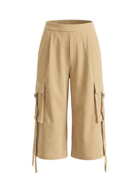 Pleated Pockets Solid Color Split-Joint Streamer High Waisted Wide Leg Cropped Trousers