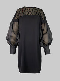 Hollow Solid Color Split-Joint Long Sleeves Loose Round-Neck Mini Dresses