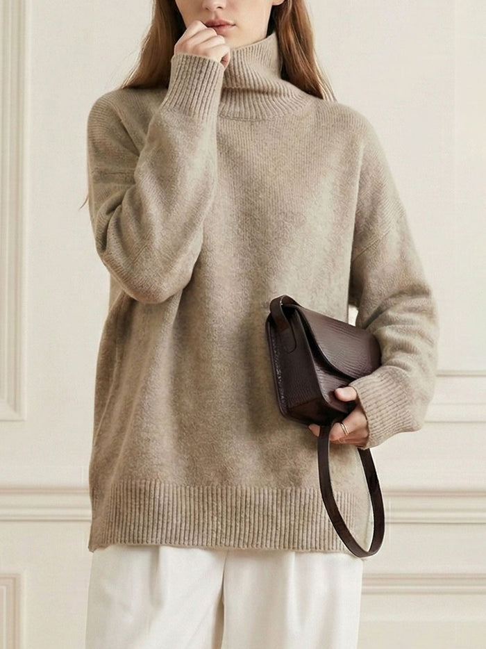 Casual Loose Long Sleeves Solid Color High-Neck Sweater Tops