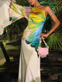 Asymmetric Flower Print Long Sleeves Loose One-Shoulder Maxi Dresses