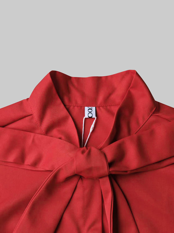 Puff Sleeves Bowknot Solid Color Stand Collar Blouses&Shirts Tops