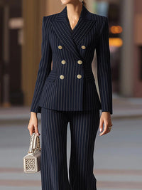 Buttoned Pockets Striped Long Sleeves Notched Collar Outerwear Blazer