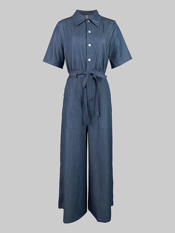 Short Sleeves Solid Color Tied Waist V-Neck Denim Jumpsuits