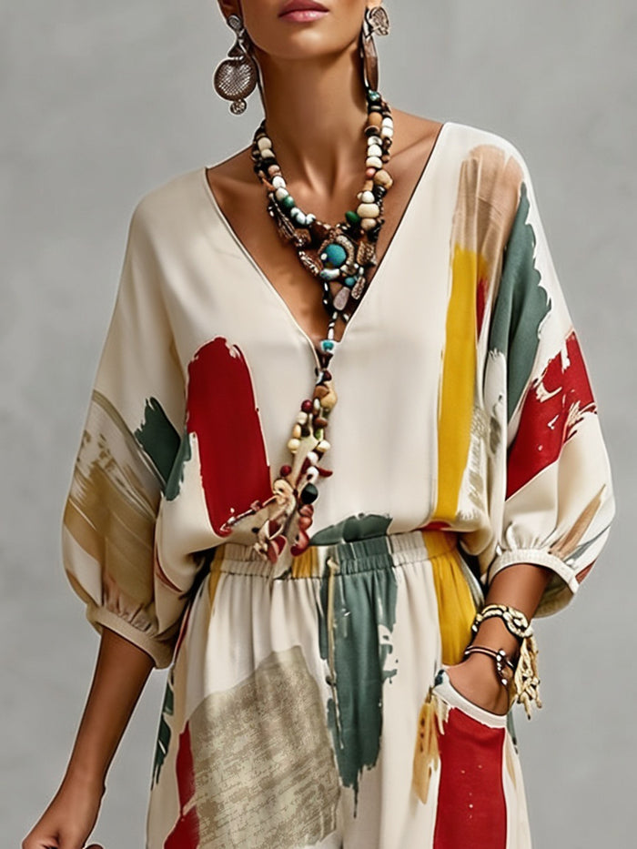 Loose Puff Sleeves Contrast Color Pleated V-Neck Blouses&Shirts Tops