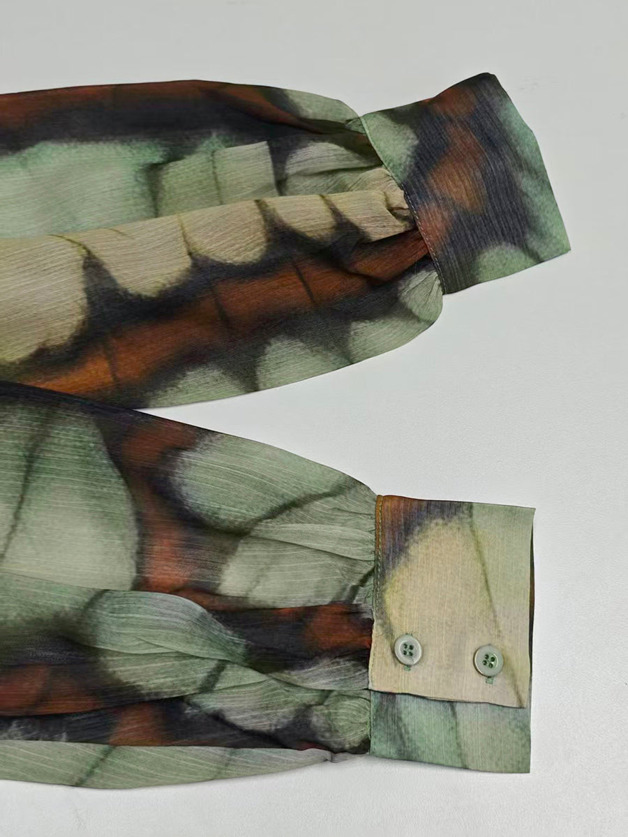 Balloon Sleeves Long Sleeves Big Hemline Contrast Color Pleated Print Zipper Stand Collar Maxi Dresses