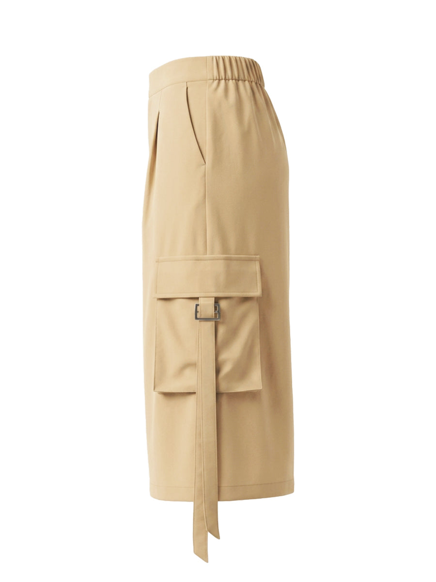 Pleated Pockets Solid Color Split-Joint Streamer High Waisted Wide Leg Cropped Trousers