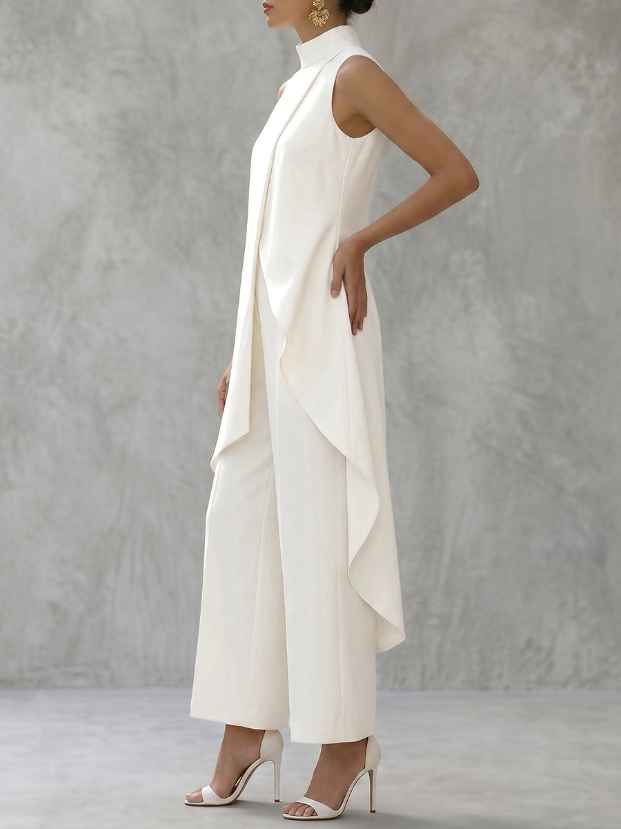 Solid Color Mock Neck High-Low Blouses&Shirts Tops + High Waisted Pants Trousers Two Pieces Set