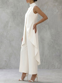 Solid Color Mock Neck High-Low Blouses&Shirts Tops + High Waisted Pants Trousers Two Pieces Set