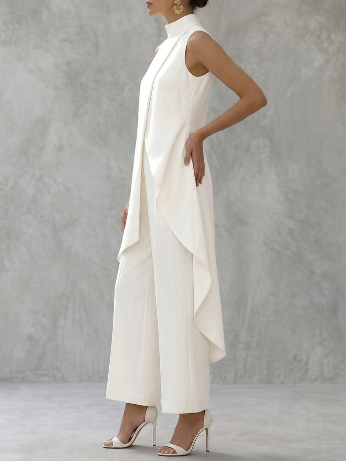Solid Color Mock Neck High-Low Blouses&Shirts Tops + High Waisted Pants Trousers Two Pieces Set