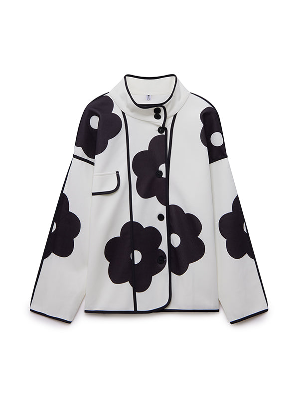 Long Sleeves Loose Contrast Color Flower Print Split-Joint Stand Collar Jackets Outerwear Woolen Coat