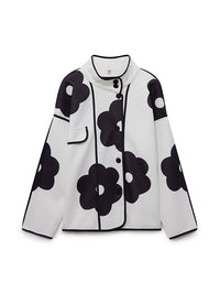 Long Sleeves Loose Contrast Color Flower Print Split-Joint Stand Collar Jackets Outerwear Woolen Coat