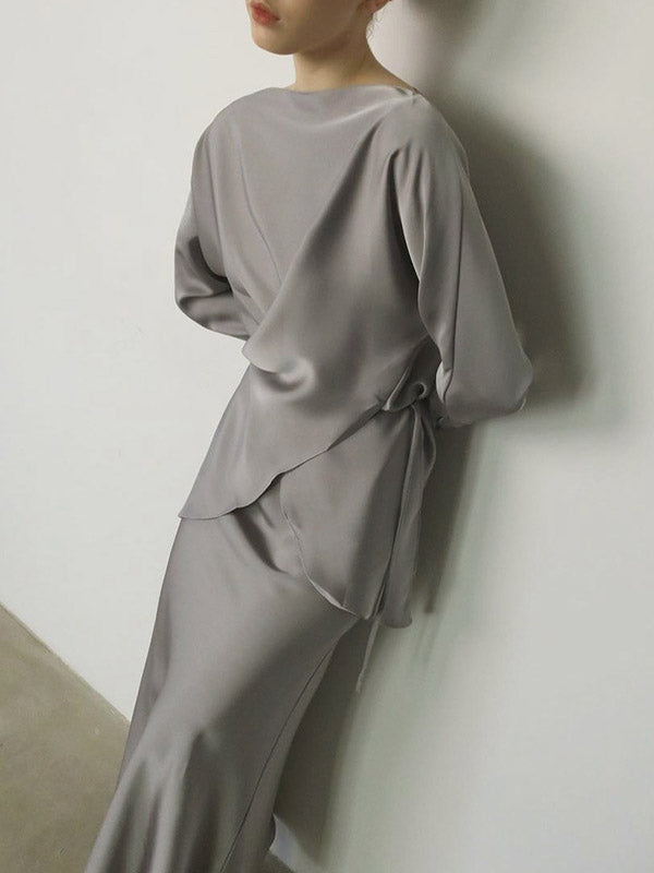 Loose Solid Color Split-Joint Boat Neck Long Sleeves Blouse & Shirt + Skirt Two Pieces Set