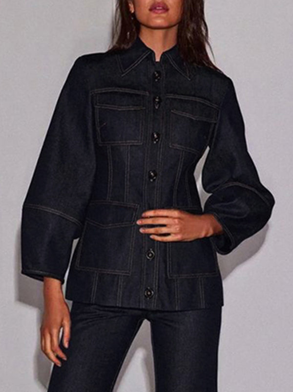 Long Sleeves Puff Sleeves Buttoned Pockets Split-Joint Lapel Outerwear