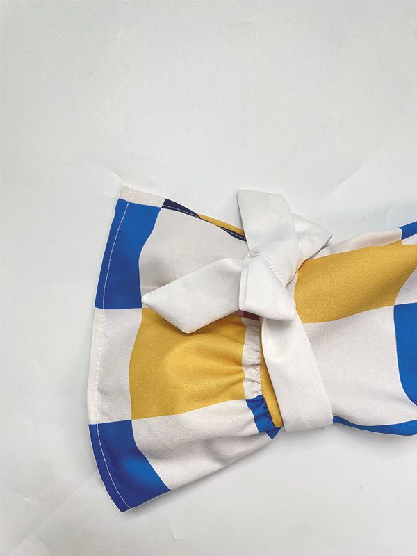 Long Sleeves Loose Buttoned Contrast Color Plaid Tied Stand Collar Blouses&Shirts Tops