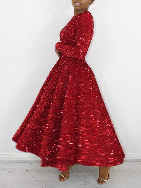A-Line High Waisted Sequined Split-Joint Zipper Round-Neck Maxi Dresses