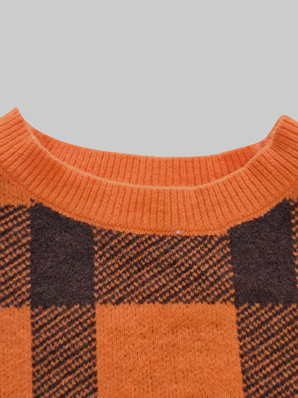 Contrast Color Plaid Long Sleeves Mock Neck Sweater Tops