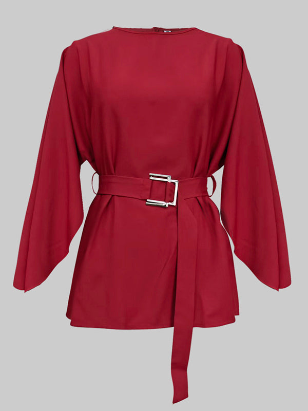 Split-Joint Tied Waist Batwing Sleeves Round-Neck Blouses&Shirts Tops